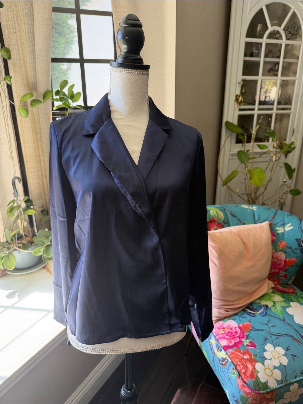 Women's Navy Satin Wrap Blazer